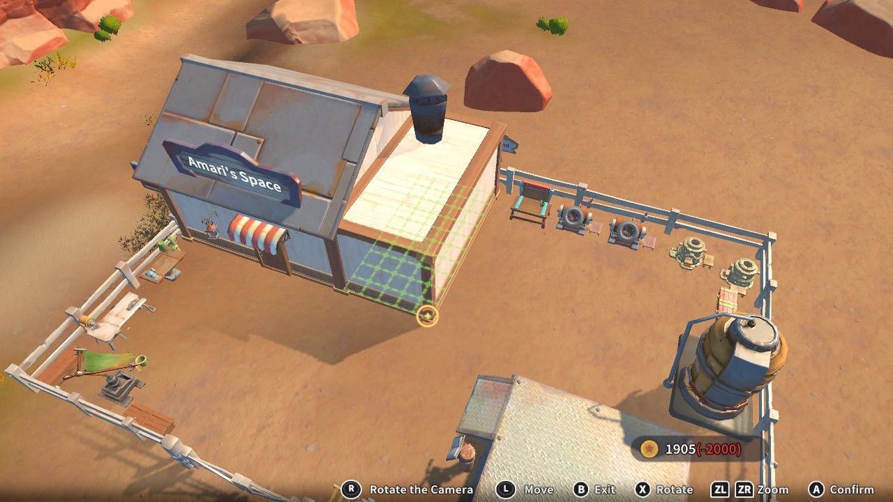 Player character in the building mode within Construction Junction Catalog and adding a new room onto their house in My Time At Sandrock.