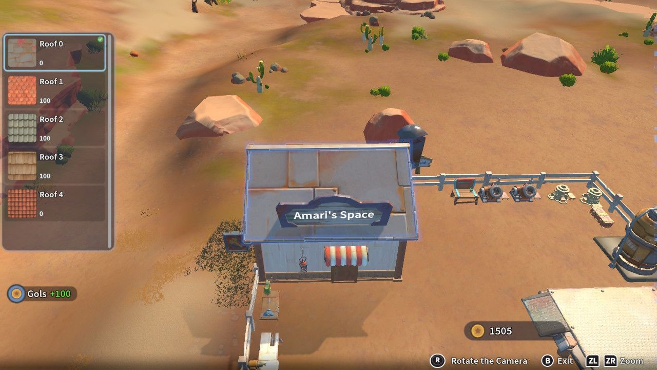 Player character in the building mode within Construction Junction Catalog and changing the material of their roof to metal in My Time At Sandrock.