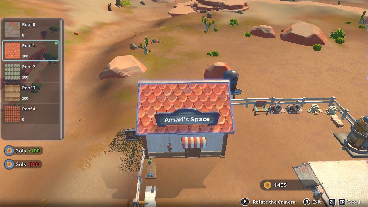 Player character in the building mode within Construction Junction Catalog and changing the material of their roof to rounded tiles in My Time At Sandrock.