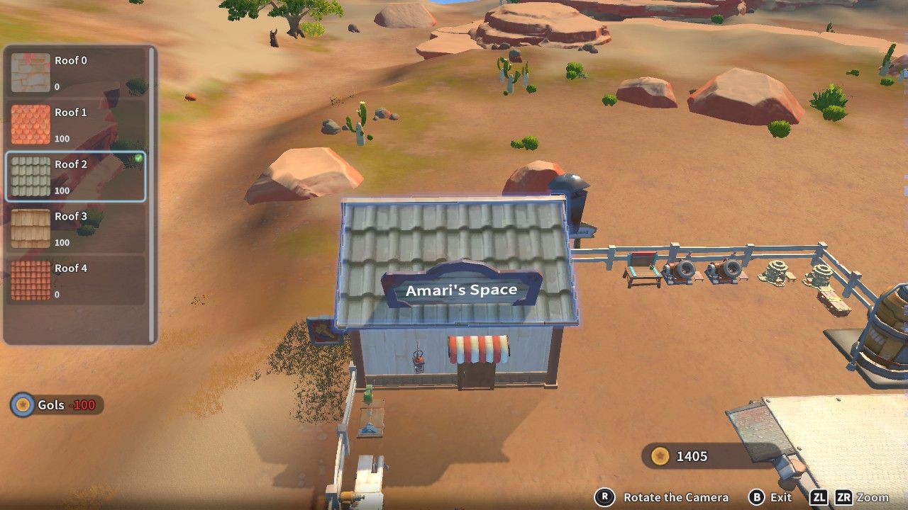 Player character in the building mode within Construction Junction Catalog and changing the material of their roof to tin tiles in My Time At Sandrock.