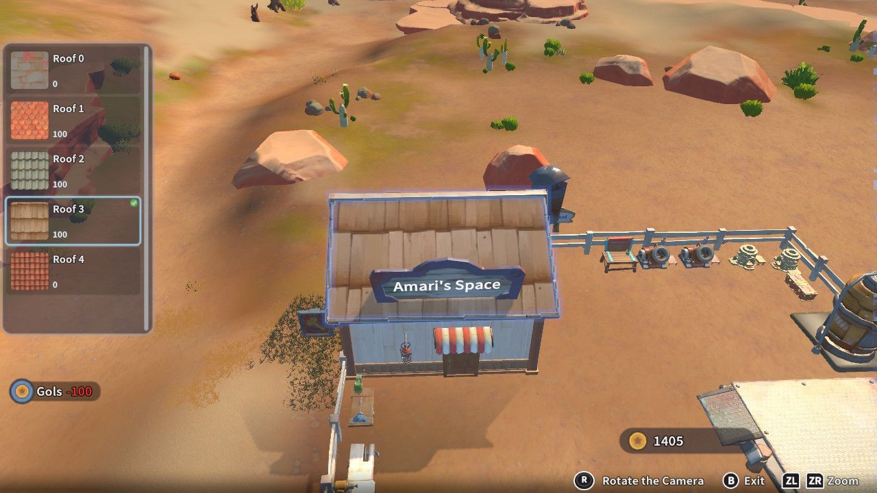 Player character in the building mode within Construction Junction Catalog and changing the material of their roof to wood in My Time At Sandrock.