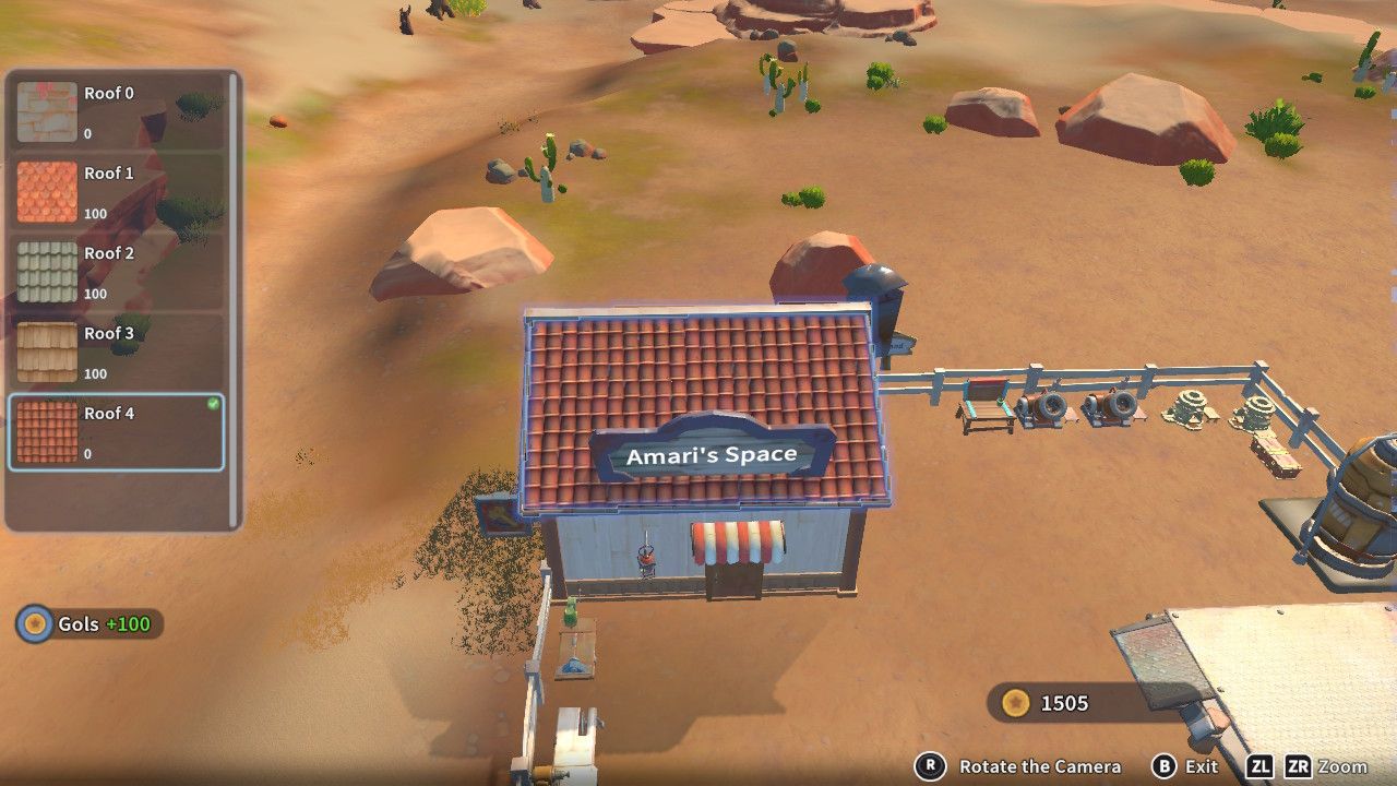 Player character in the building mode within Construction Junction Catalog and changing the material of their roof to brick tiles in My Time At Sandrock.