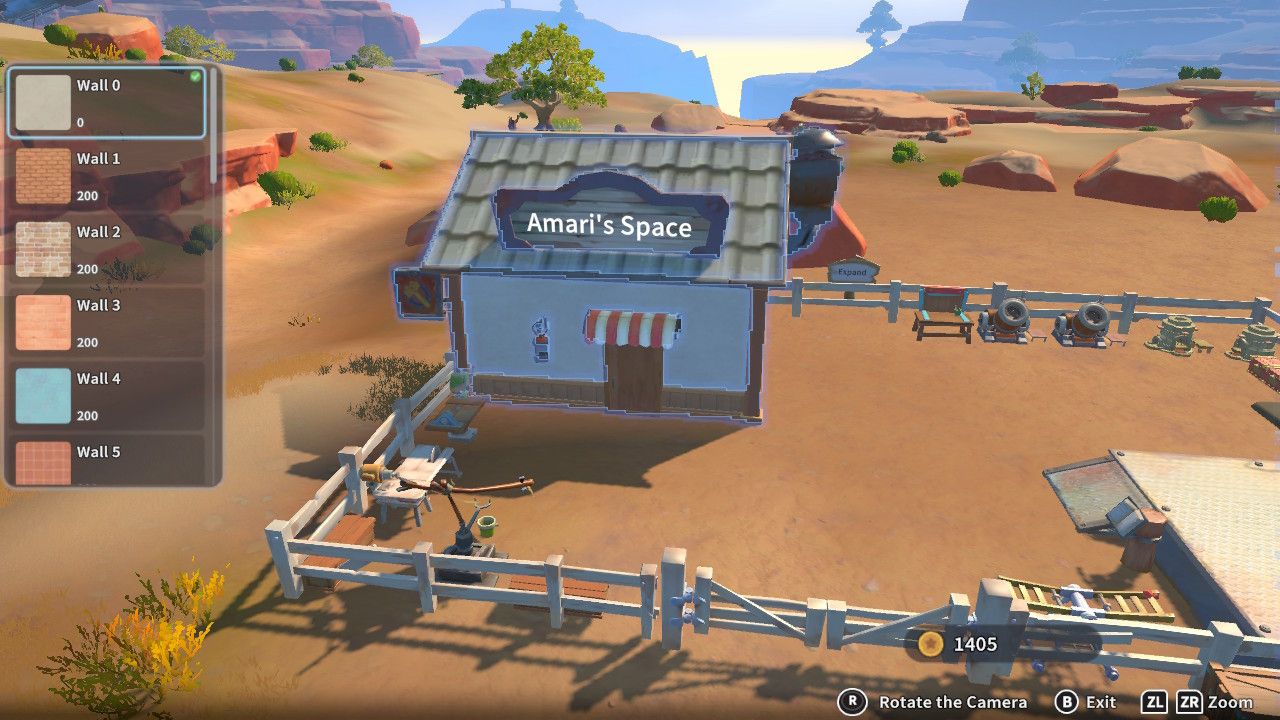 Player character in the building mode within Construction Junction Catalog and changing the wall appearance of their house to beige in My Time At Sandrock.