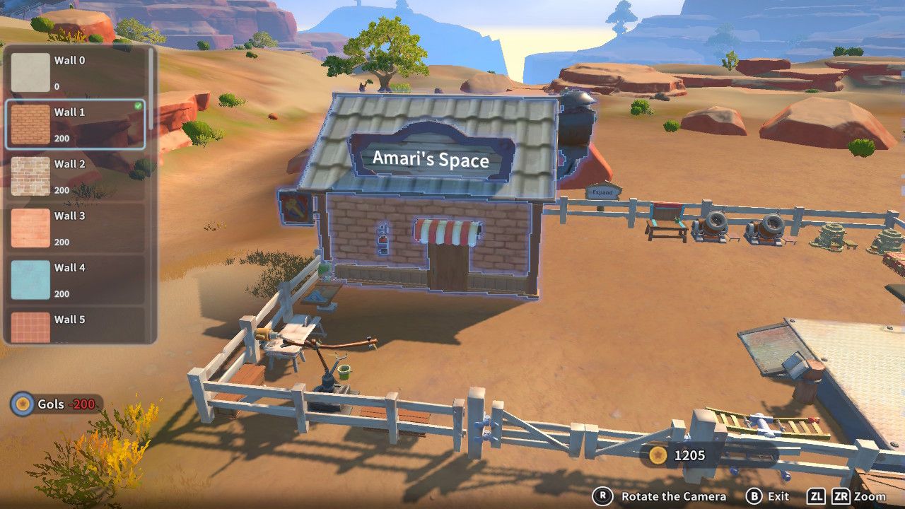 Player character in the building mode within Construction Junction Catalog and changing the wall appearance of their house to brown brick in My Time At Sandrock.