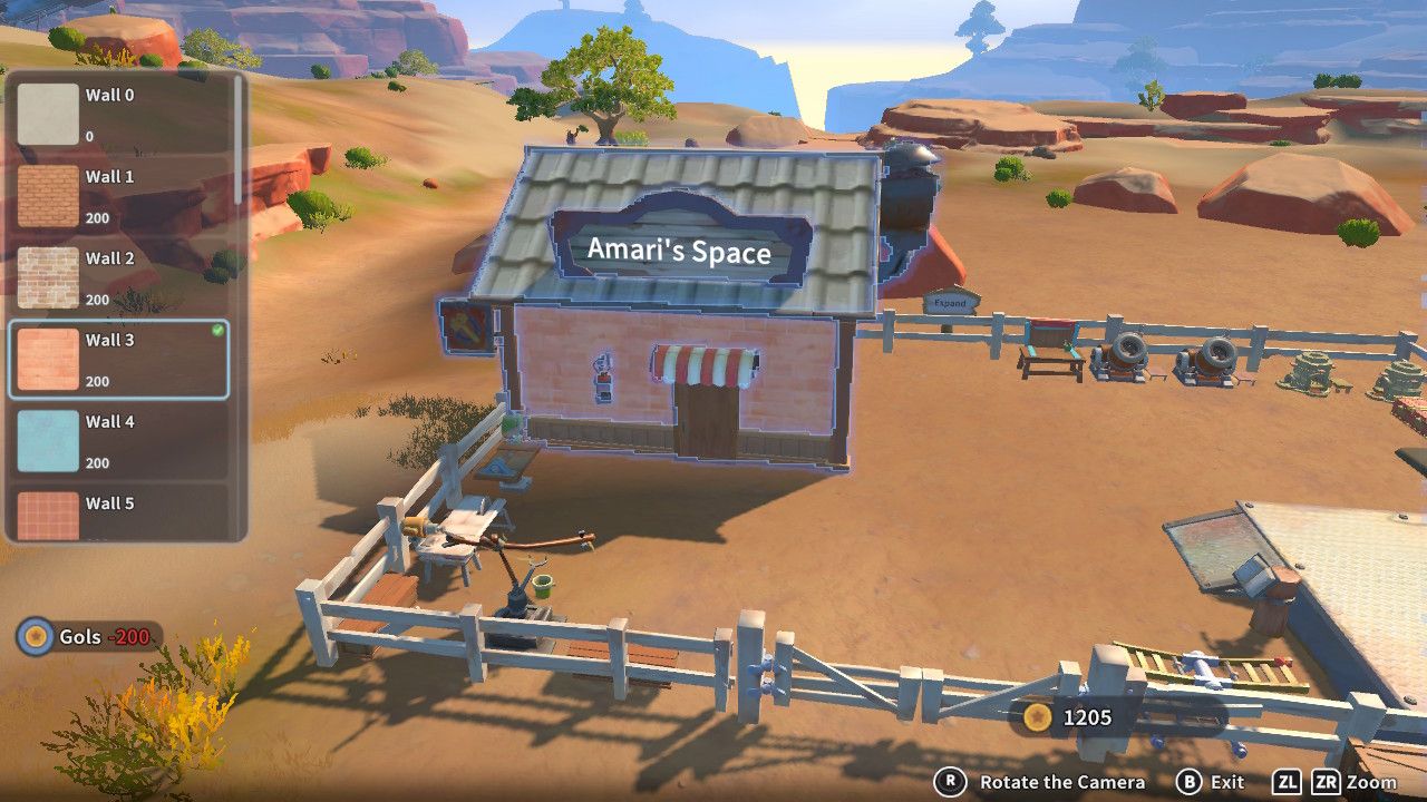 Player character in the building mode within Construction Junction Catalog and changing the wall appearance of their house to pale red brick in My Time At Sandrock.