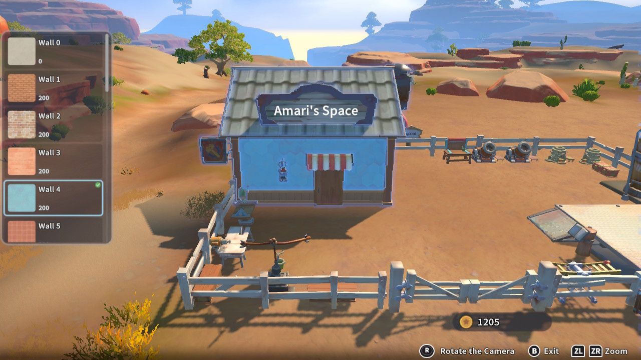 Player character in the building mode within Construction Junction Catalog and changing the wall appearance of their house to light blue pattern in My Time At Sandrock.