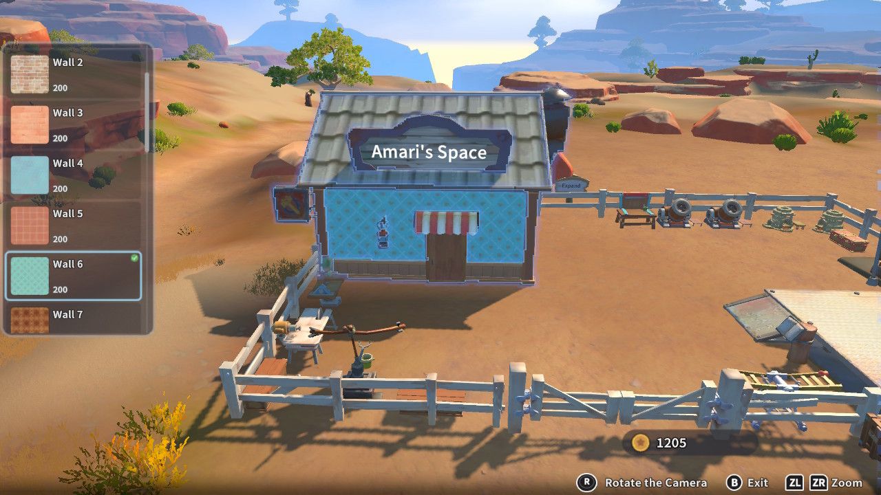Player character in the building mode within Construction Junction Catalog and changing the wall appearance of their house to a blue diamond pattern in My Time At Sandrock.