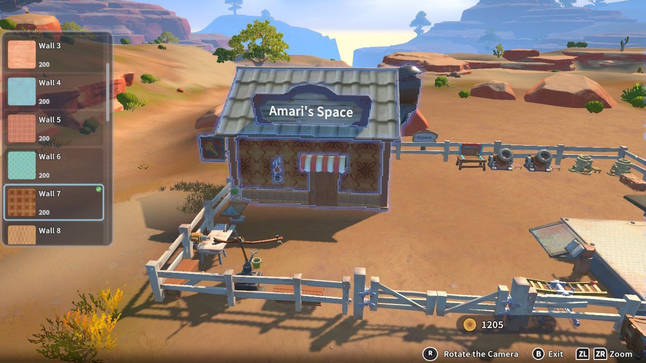 Player character in the building mode within Construction Junction Catalog and changing the wall appearance of their house to a fancy brown pattern in My Time At Sandrock.
