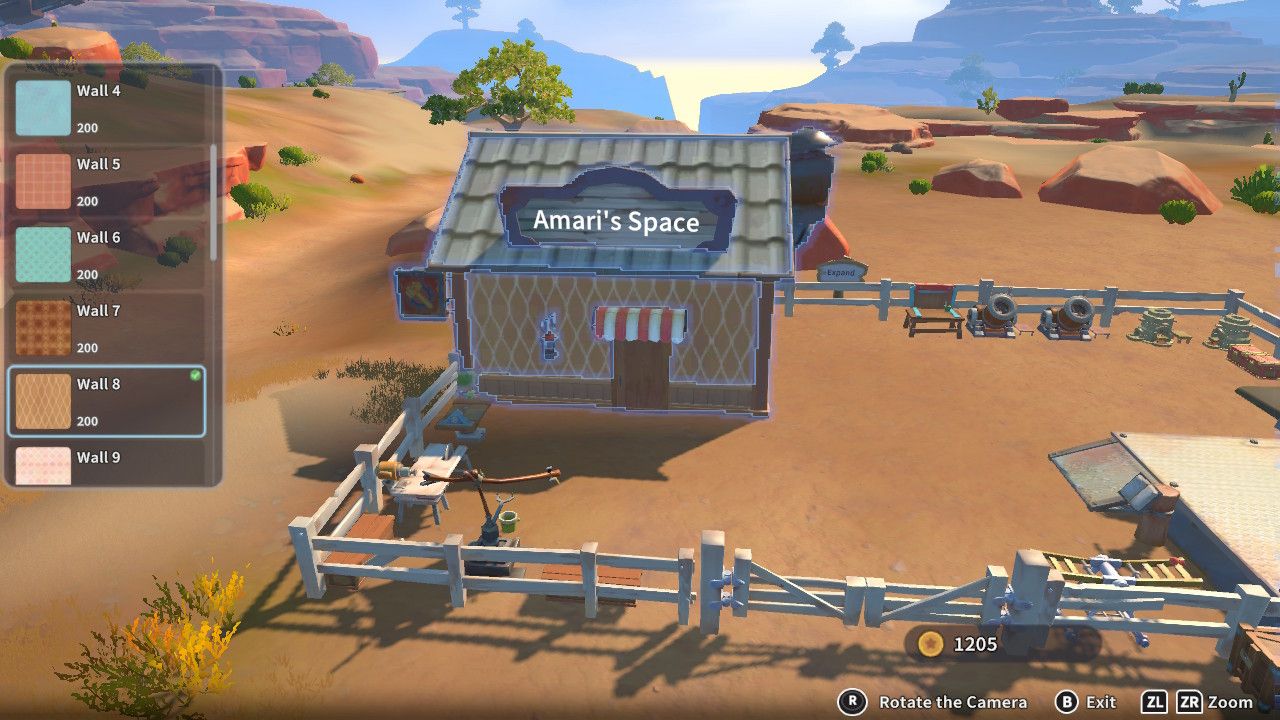 Player character in the building mode within Construction Junction Catalog and changing the wall appearance of their house to pale brown diamond pattern in My Time At Sandrock.