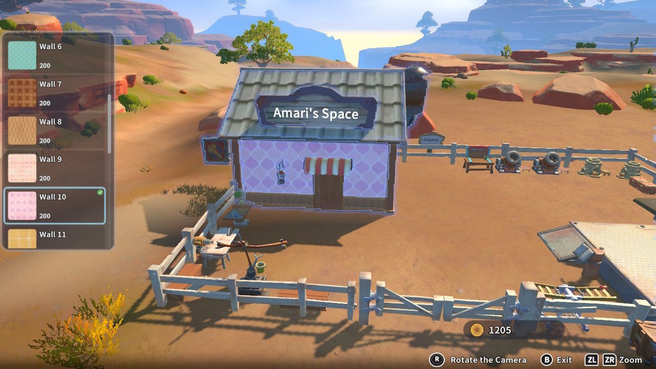 Player character in the building mode within Construction Junction Catalog and changing the wall appearance of their house to a pale pink large scaled pattern in My Time At Sandrock.