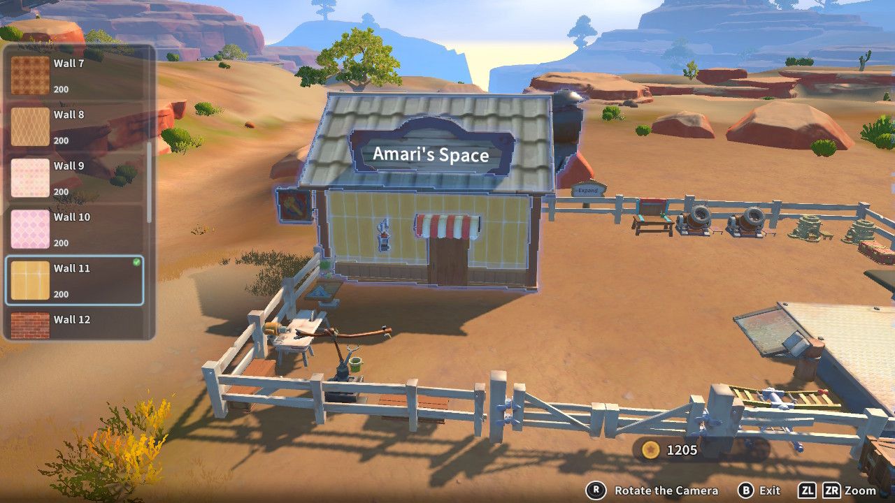 Player character in the building mode within Construction Junction Catalog and changing the wall appearance of their house to a yellow rectangular pattern in My Time At Sandrock.