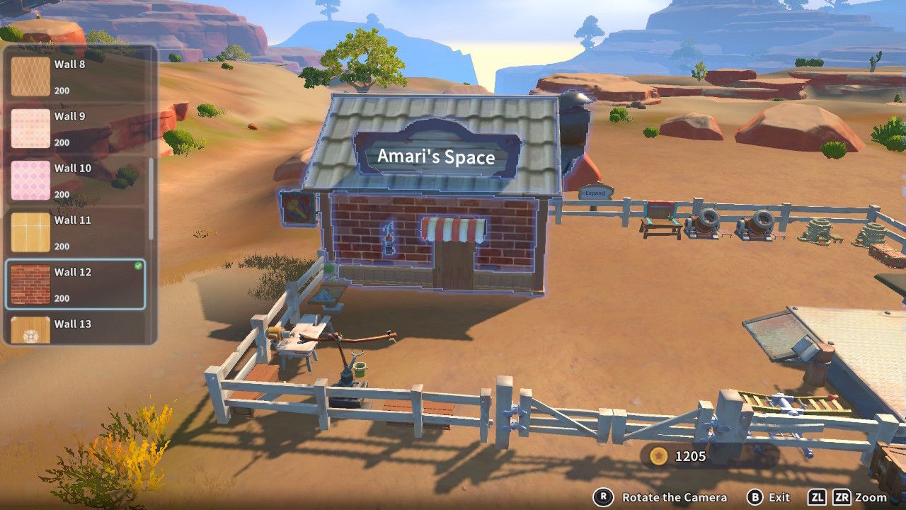 Player character in the building mode within Construction Junction Catalog and changing the wall appearance of their house to dark red brick in My Time At Sandrock.