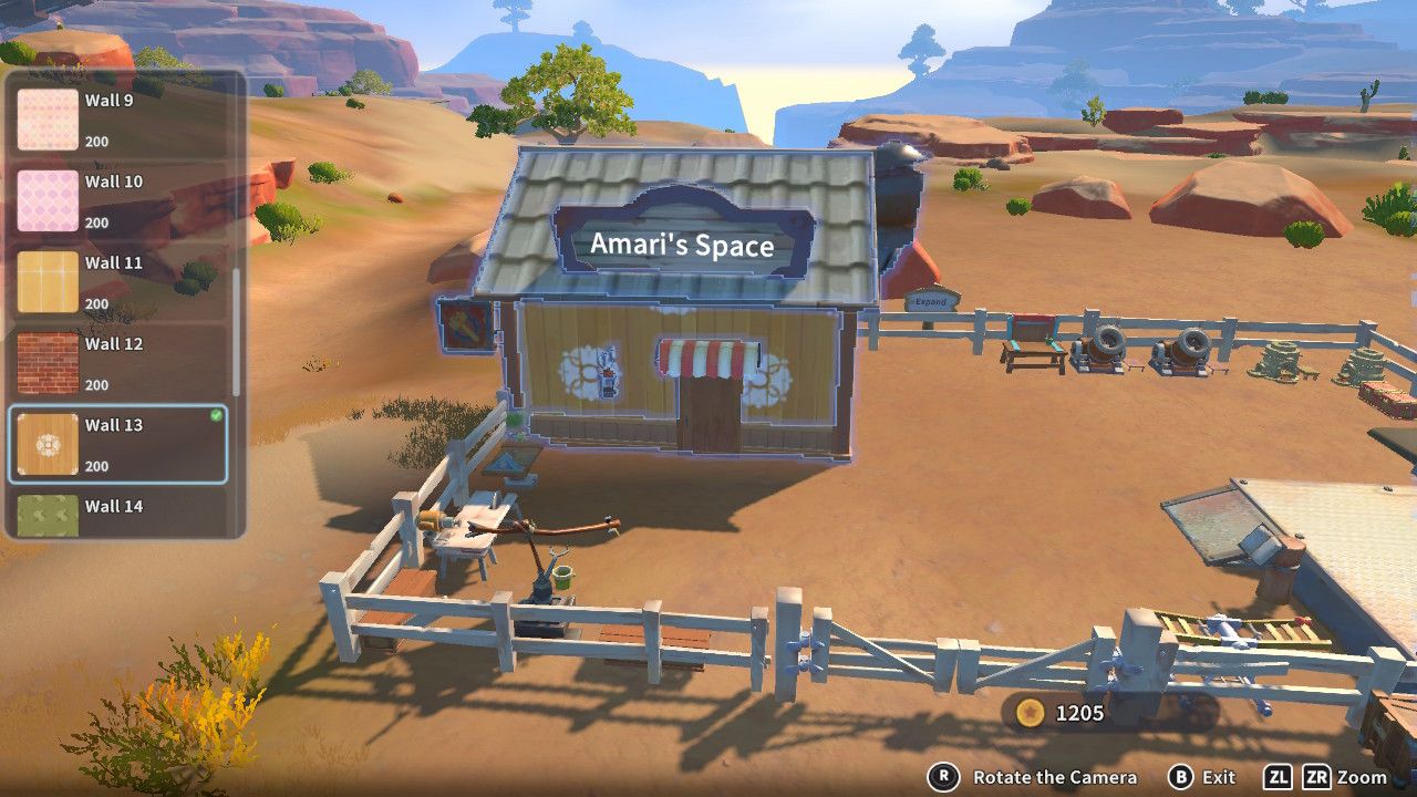 Player character in the building mode within Construction Junction Catalog and changing the wall appearance of their house to a yellow large flower pattern in My Time At Sandrock.