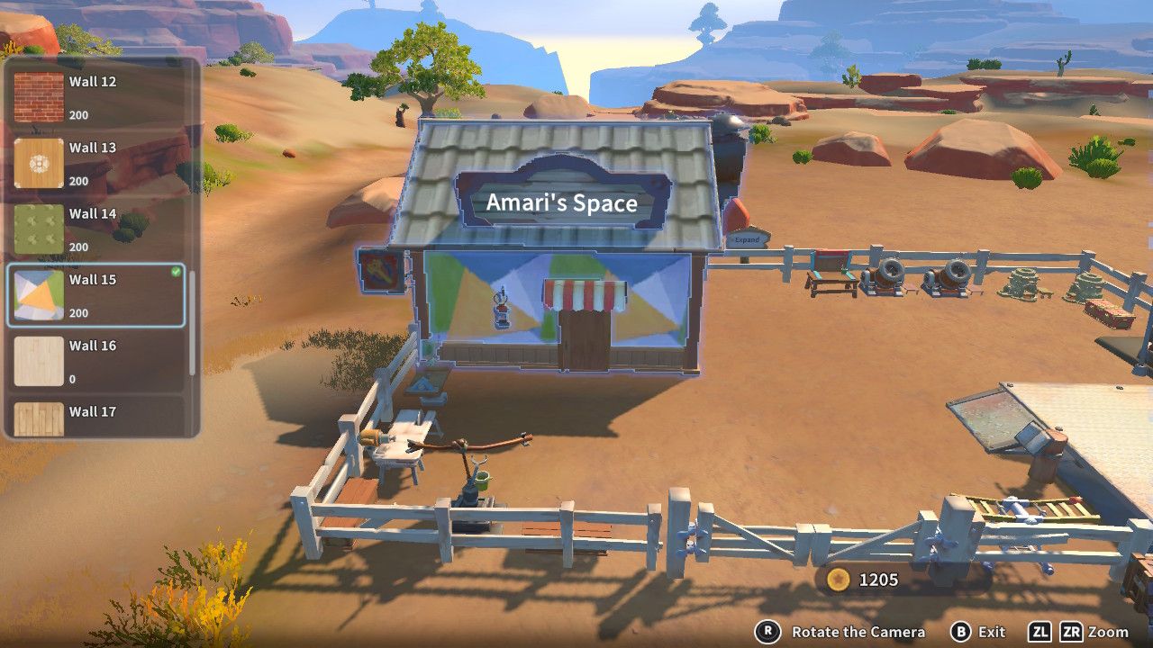 Player character in the building mode within Construction Junction Catalog and changing the wall appearance of their house to an abstract multi-colored pattern in My Time At Sandrock.