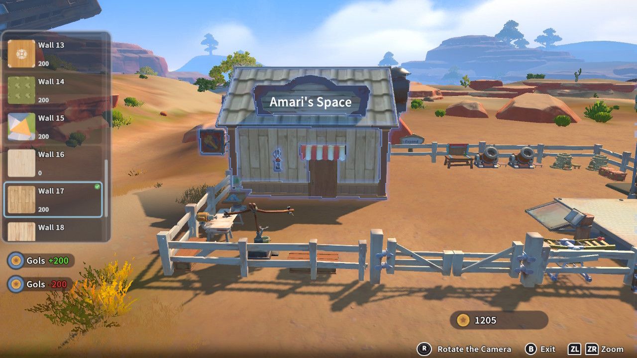 Player character in the building mode within Construction Junction Catalog and changing the wall appearance of their house to vertical wood panels in My Time At Sandrock.