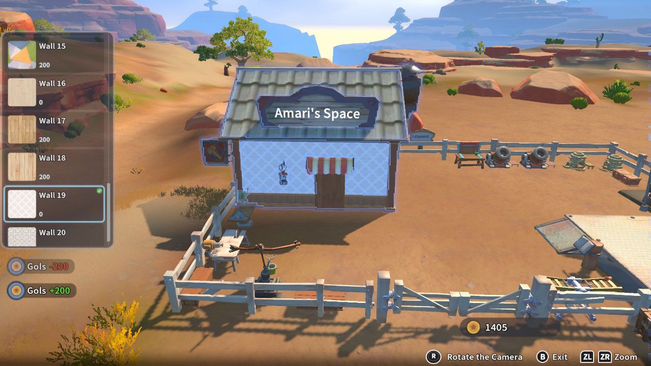 Player character in the building mode within Construction Junction Catalog and changing the wall appearance of their house to a fancy white pattern in My Time At Sandrock.