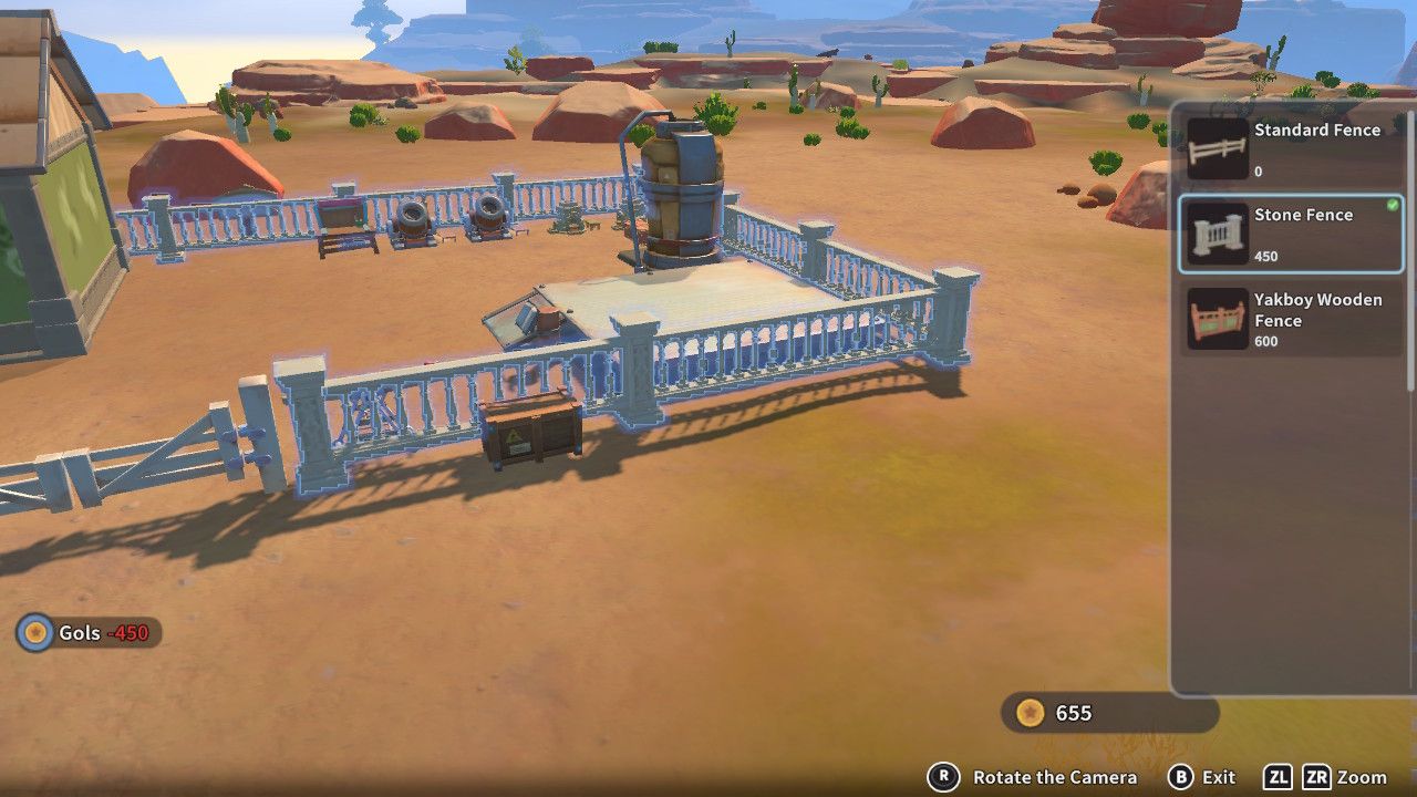 Player character in the building mode within Construction Junction Catalog and changing the fence appearance of their house to pale stone in My Time At Sandrock.