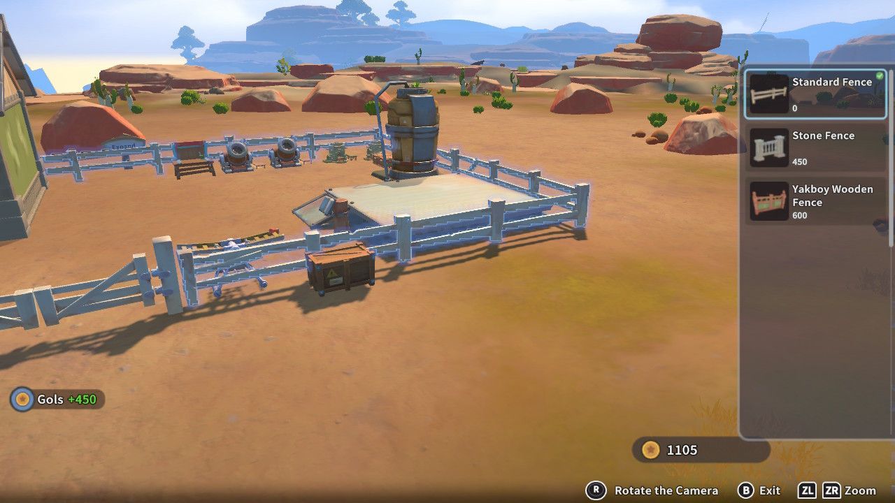 Player character in the building mode within Construction Junction Catalog and changing the fence appearance of their house to white wood in My Time At Sandrock.
