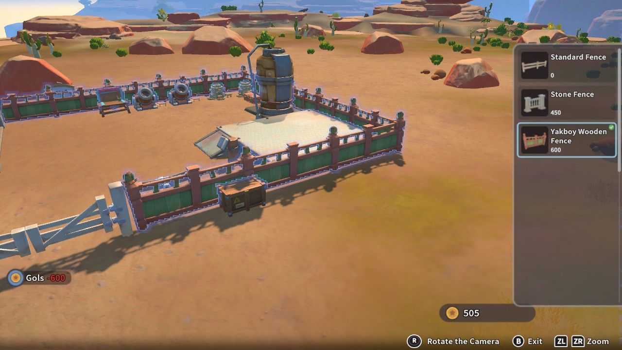 Player character in the building mode within Construction Junction Catalog and changing the fence appearance of their house to a brown and green wood in My Time At Sandrock.