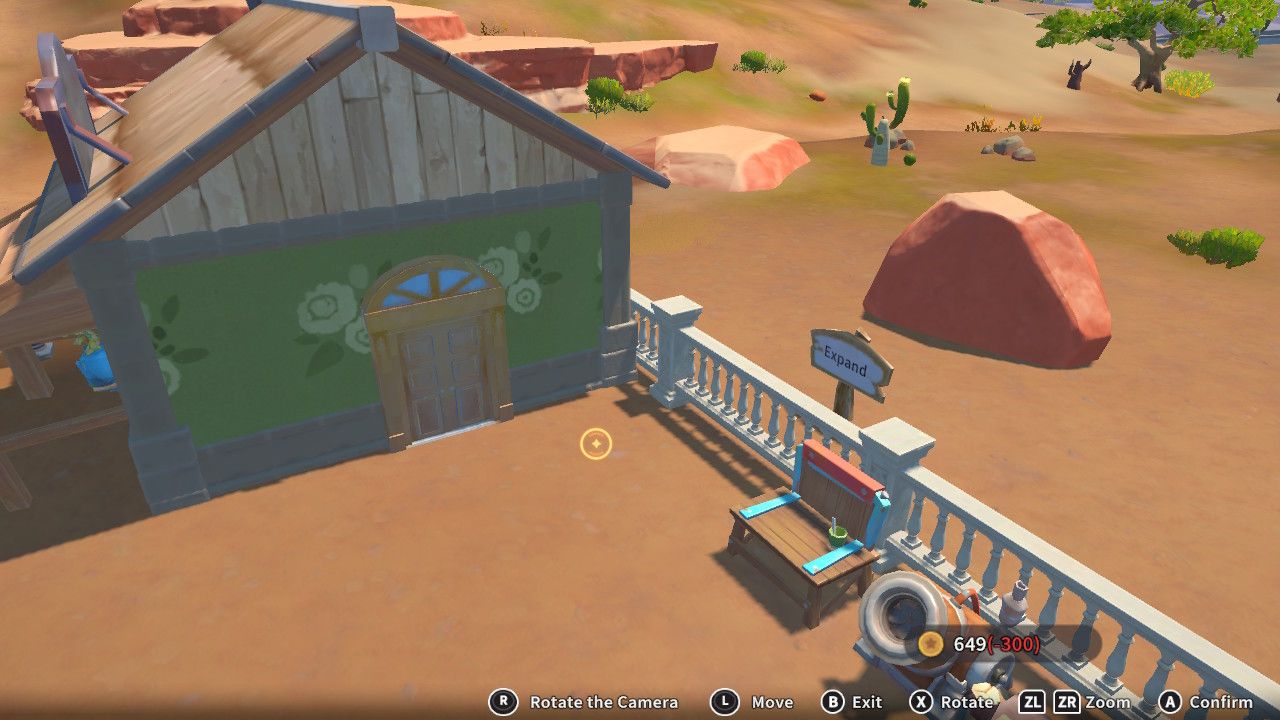 Player character in the building mode within Construction Junction Catalog and changing the door appearance of their house to a large arched wood door in My Time At Sandrock.
