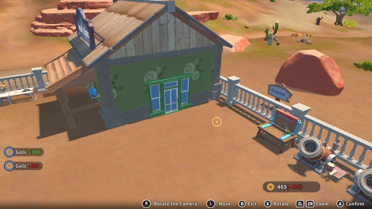 Player character in the building mode within Construction Junction Catalog and changing the door appearance of their house to a fancy green door with windows on both sides in My Time At Sandrock.