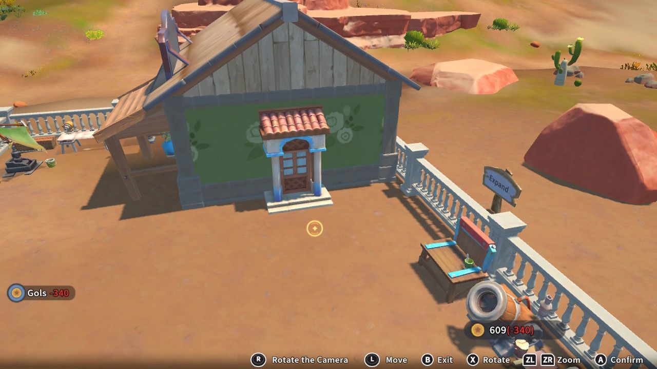 Player character in the building mode within Construction Junction Catalog and changing the door appearance of their house to a wood door with columns around it in My Time At Sandrock.