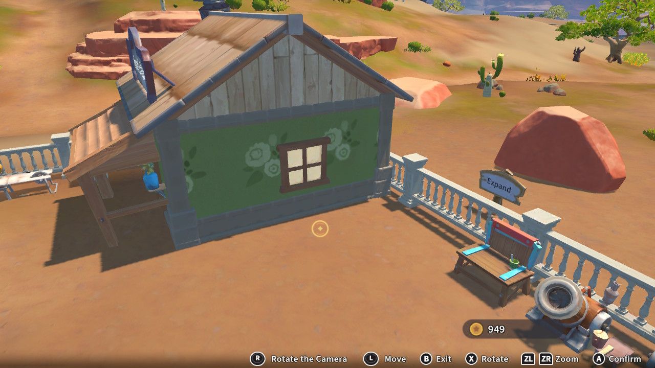 Player character in the building mode within Construction Junction Catalog and changing the window appearance of their house to a square wood window in My Time At Sandrock.