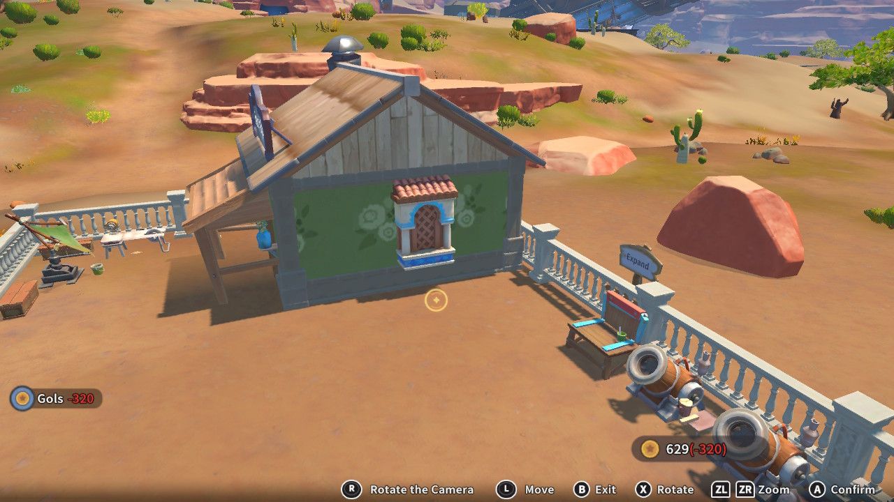 Player character in the building mode within Construction Junction Catalog and changing the window appearance of their house to a wood window with columns in My Time At Sandrock.