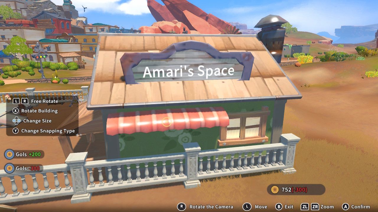 Player character in the building mode within Construction Junction Catalog and adding a wide red canopy to the outside of their house in My Time At Sandrock.