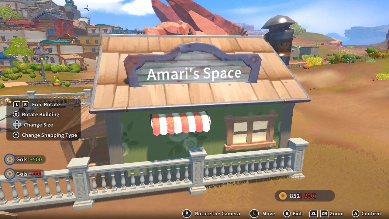 Player character in the building mode within Construction Junction Catalog and adding a curved red and white canopy the outside of their house in My Time At Sandrock.