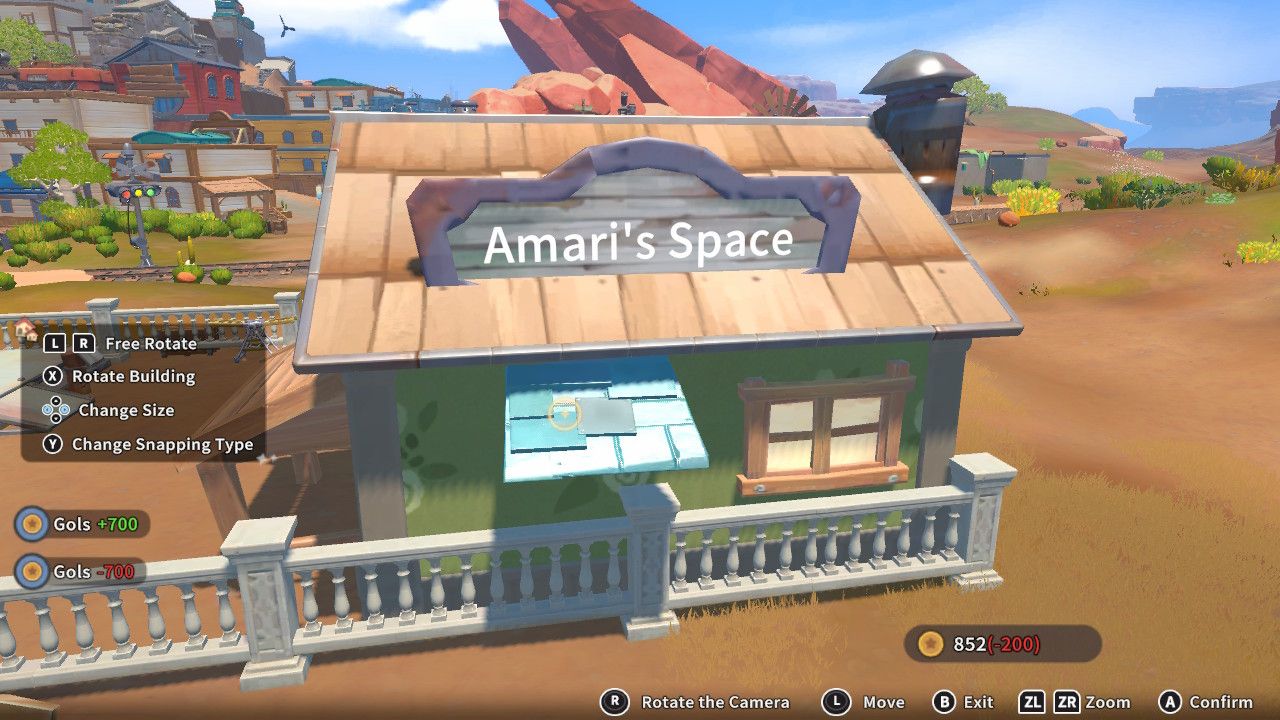 Player character in the building mode within Construction Junction Catalog and adding a wide green canopy to the outside of their house in My Time At Sandrock.