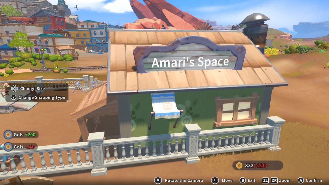 Player character in the building mode within Construction Junction Catalog and adding a blue and white cloth canopy to the outside of their house in My Time At Sandrock.