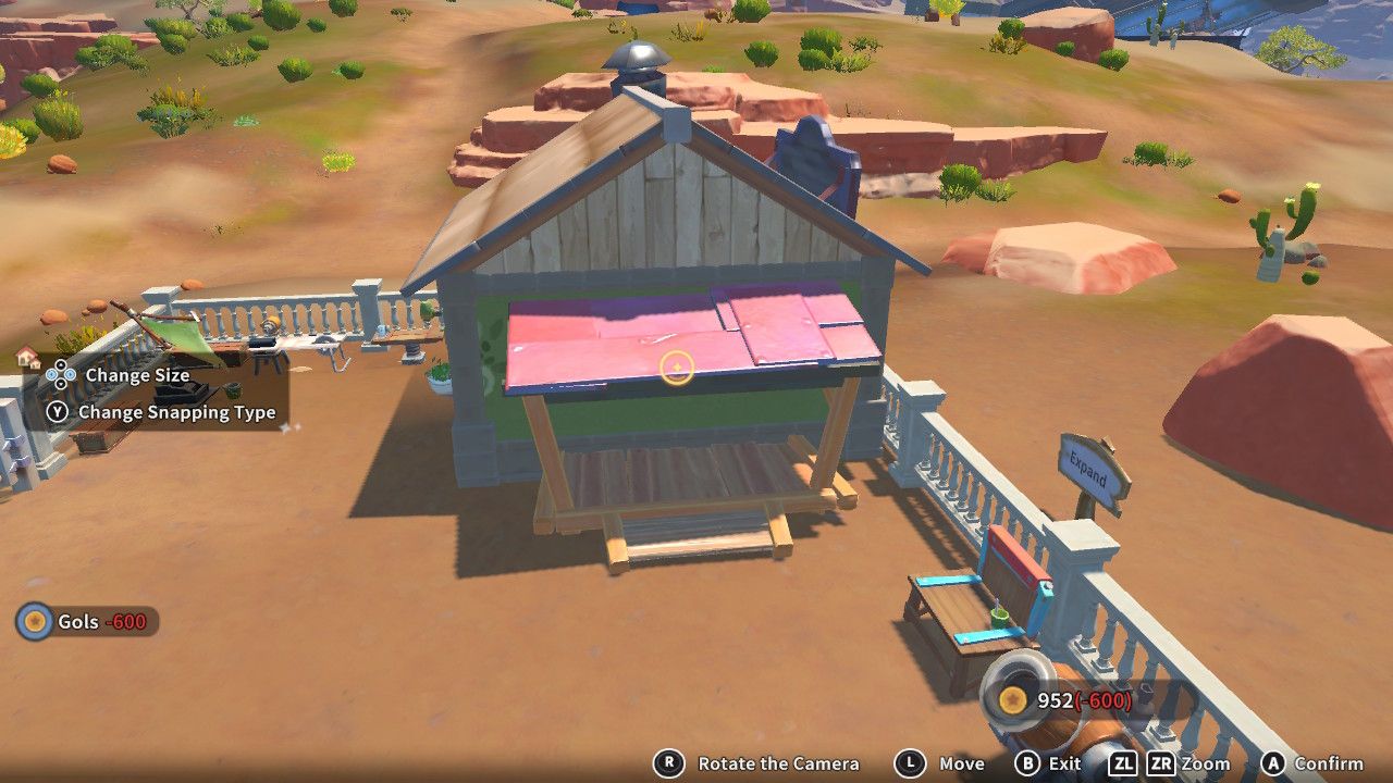 Player character in the building mode within Construction Junction Catalog and adding a large, roofed porch to the outside of their house in My Time At Sandrock.