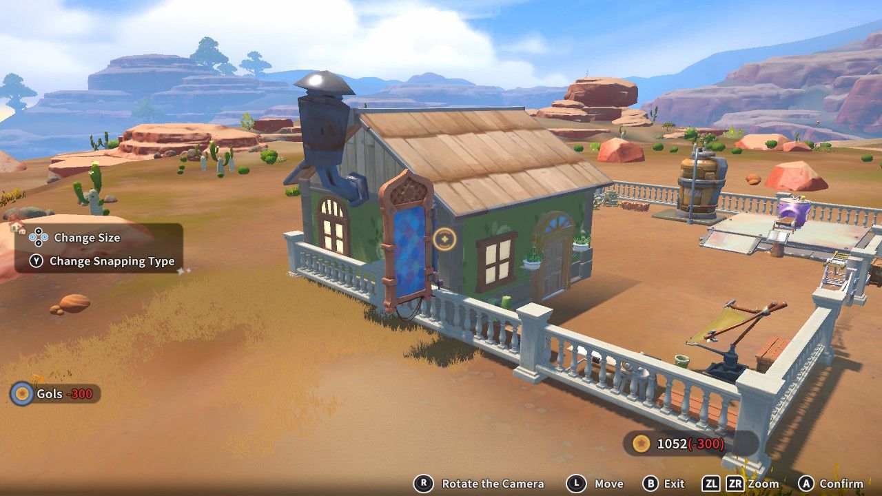 Player character in the building mode within Construction Junction Catalog and adding a long blue sign to the side of their house in My Time At Sandrock.