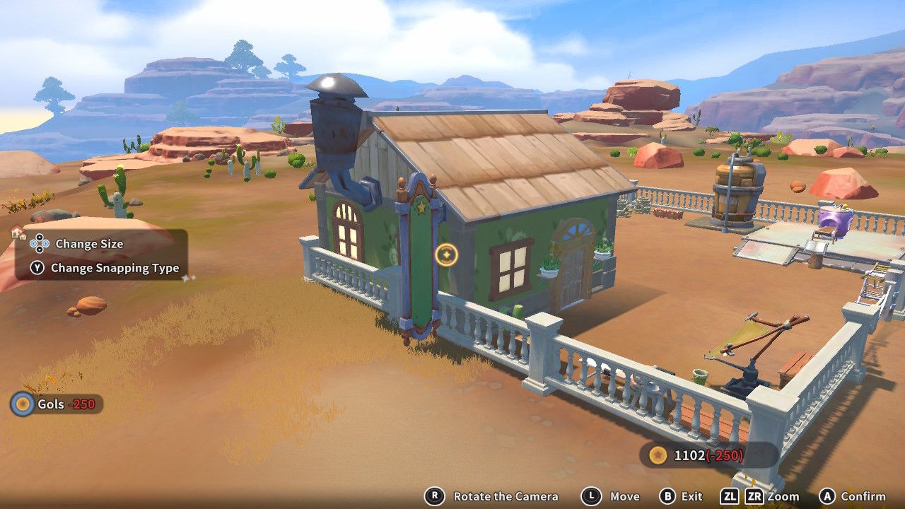 Player character in the building mode within Construction Junction Catalog and adding a long white and green sign to the side of their house in My Time At Sandrock.