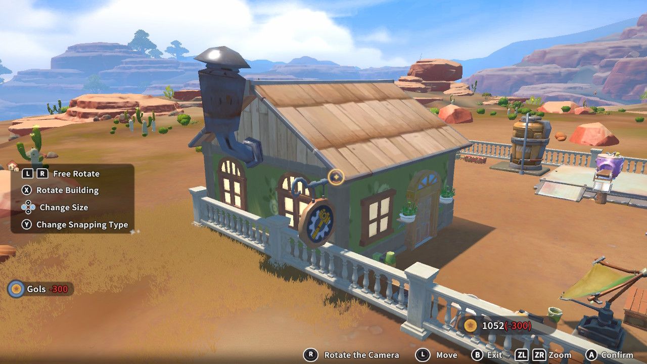 Player character in the building mode within Construction Junction Catalog and adding a round sign with a hammer on it to the side of their house in My Time At Sandrock.