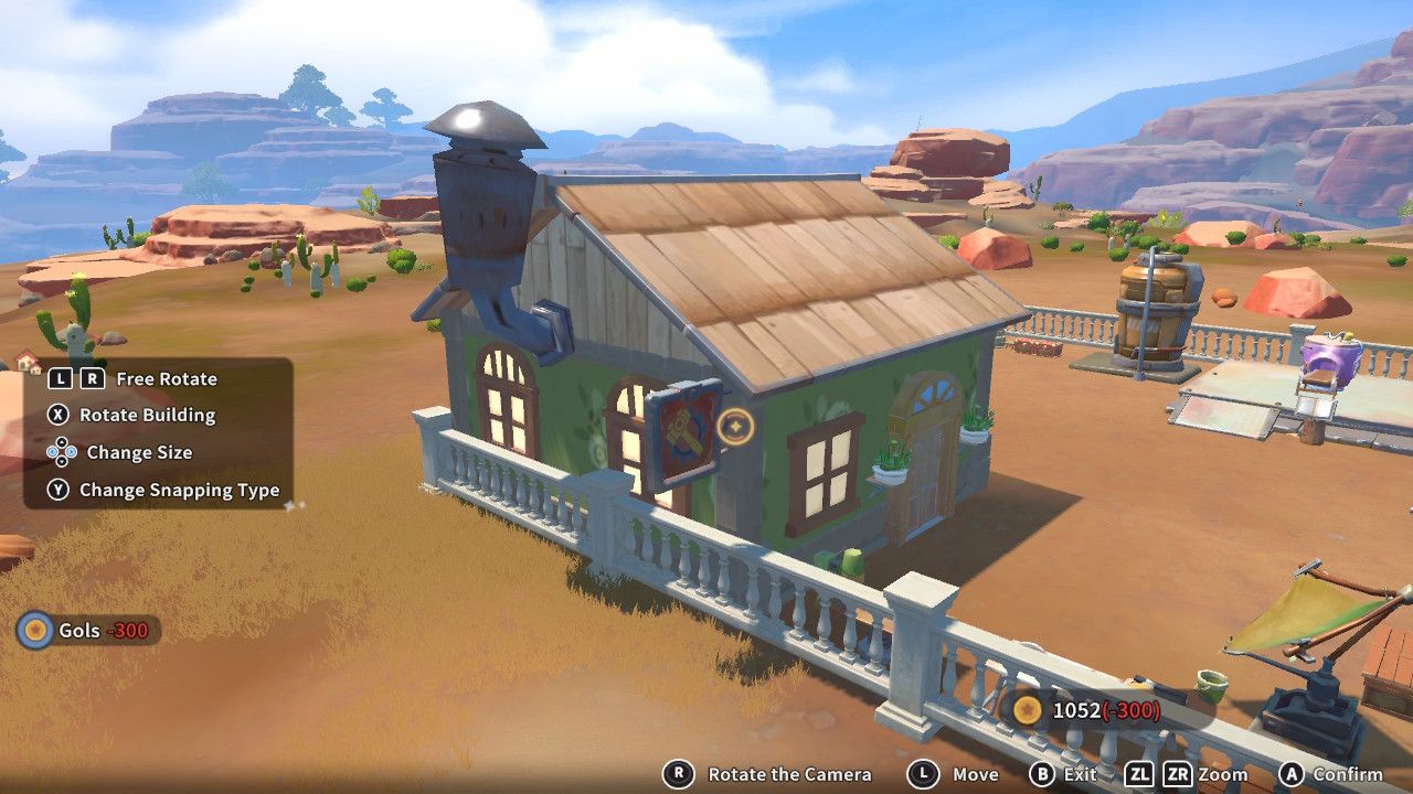 Player character in the building mode within Construction Junction Catalog and adding a square sign with a hammer on it to the side of their house in My Time At Sandrock.