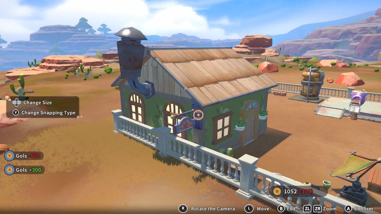 Player character in the building mode within Construction Junction Catalog and adding a wide sign with a star on it to the side of their house in My Time At Sandrock.