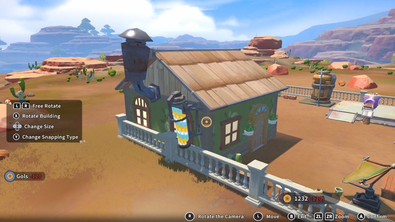 Player character in the building mode within Construction Junction Catalog and adding a metal, multi-colored barbershop sign to the side of their house in My Time At Sandrock.