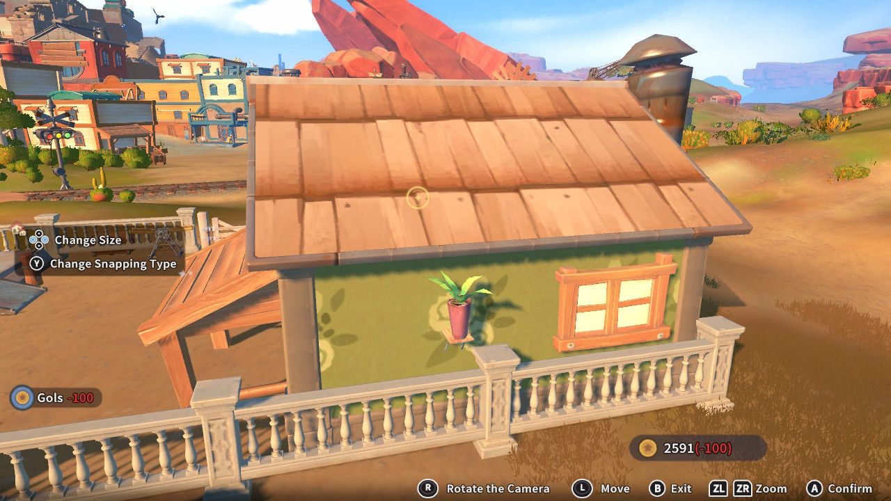 Player character in the building mode within Construction Junction Catalog and adding a green flower in a flower pot to the outside of their house in My Time At Sandrock.