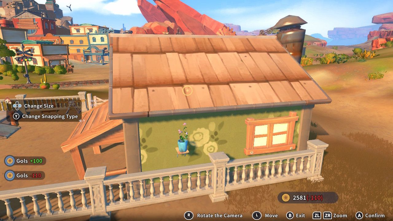 Player character in the building mode within Construction Junction Catalog and adding a purple flower in a flower pot to the outside of their house in My Time At Sandrock.