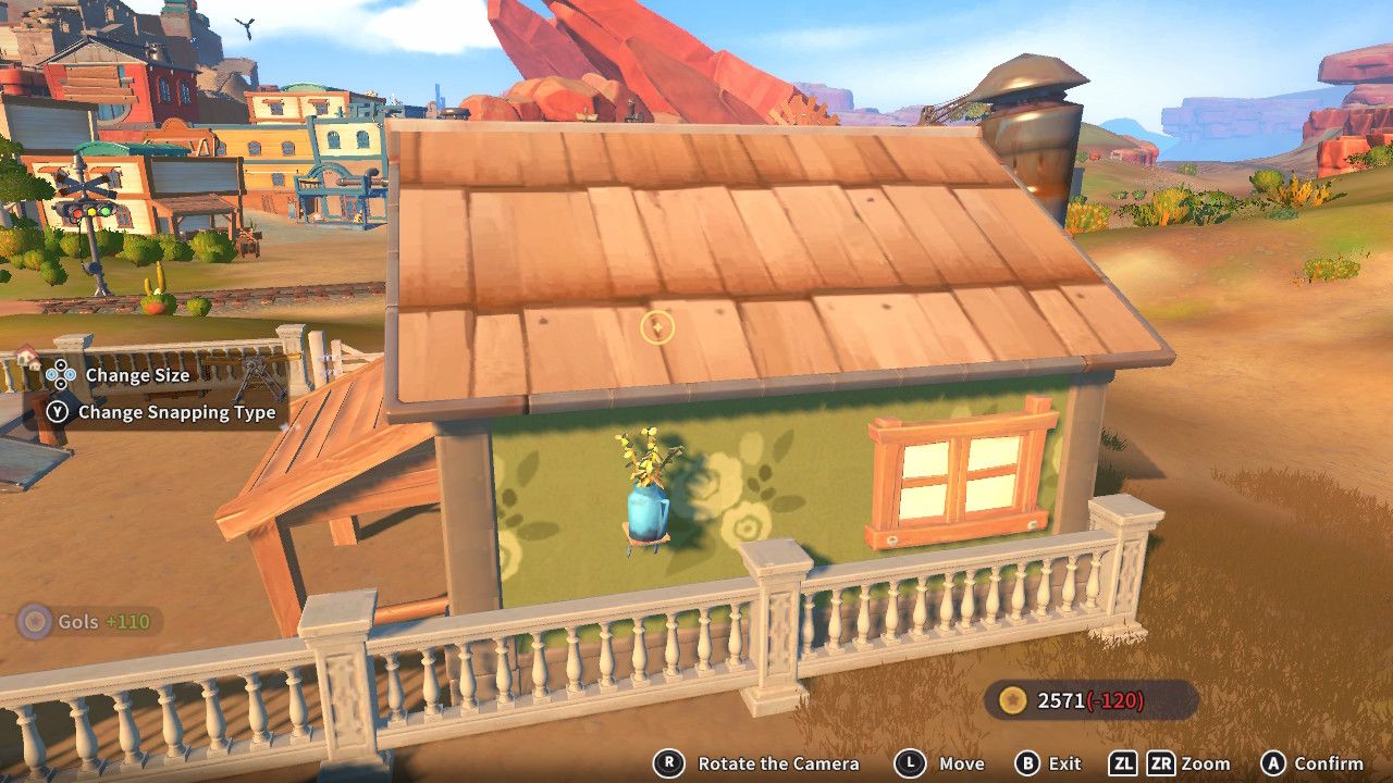 Player character in the building mode within Construction Junction Catalog and adding a yellow flower in a flower pot to the outside of their house in My Time At Sandrock.