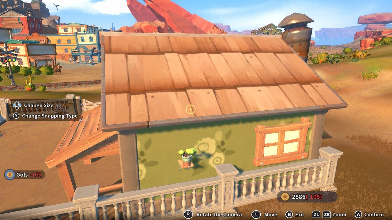 Player character in the building mode within Construction Junction Catalog and adding a round green shrub in a flower pot to the outside of their house in My Time At Sandrock.