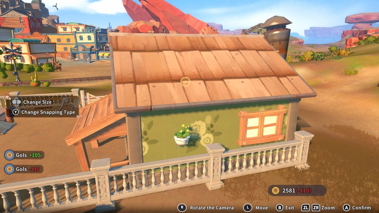 Player character in the building mode within Construction Junction Catalog and adding a small green flower in a flower pot to the outside of their house in My Time At Sandrock.