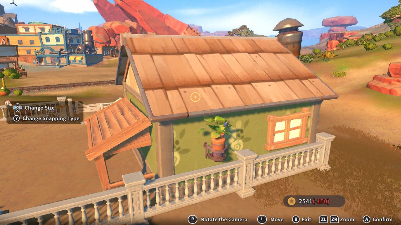 Player character in the building mode within Construction Junction Catalog and adding a large green flower in a large flower pot to the outside of their house in My Time At Sandrock.