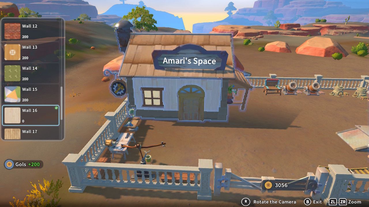 Player character in the building mode within Construction Junction Catalog and changing the wall appearance of their house to pale, vertical wood panels in My Time At Sandrock.
