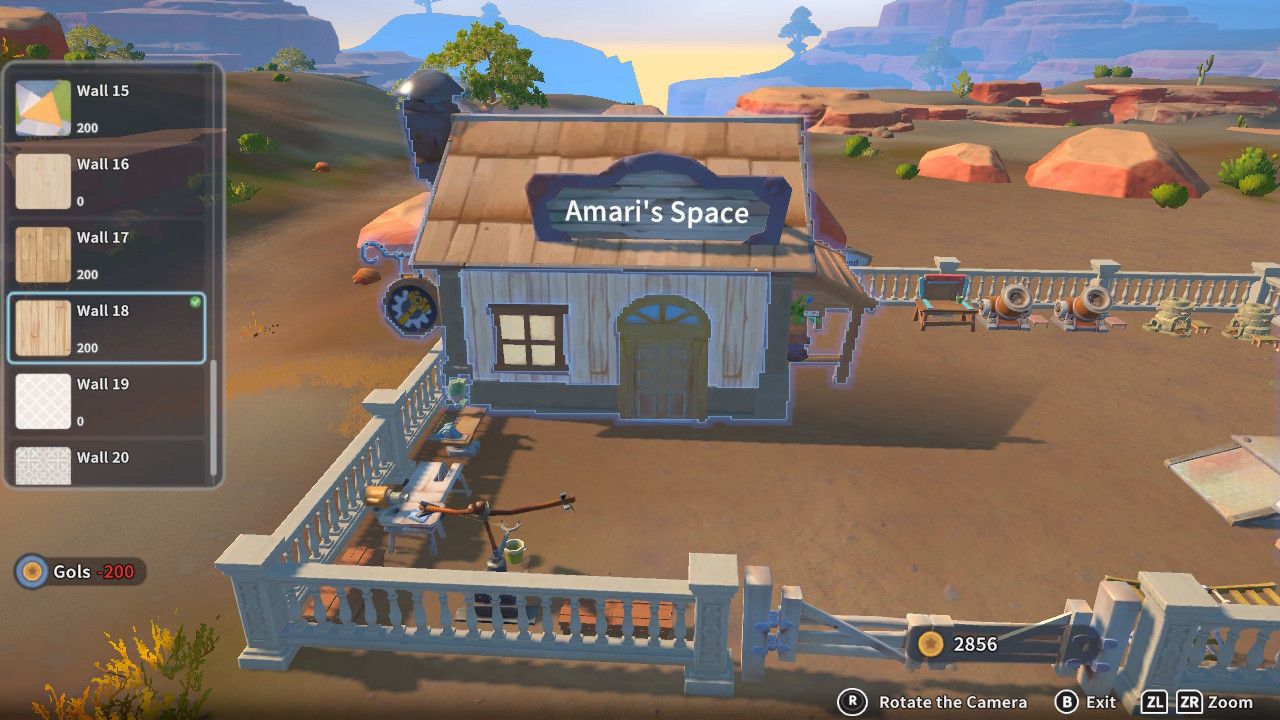 Player character in the building mode within Construction Junction Catalog and changing the wall appearance of their house to vertical wood panels in My Time At Sandrock.