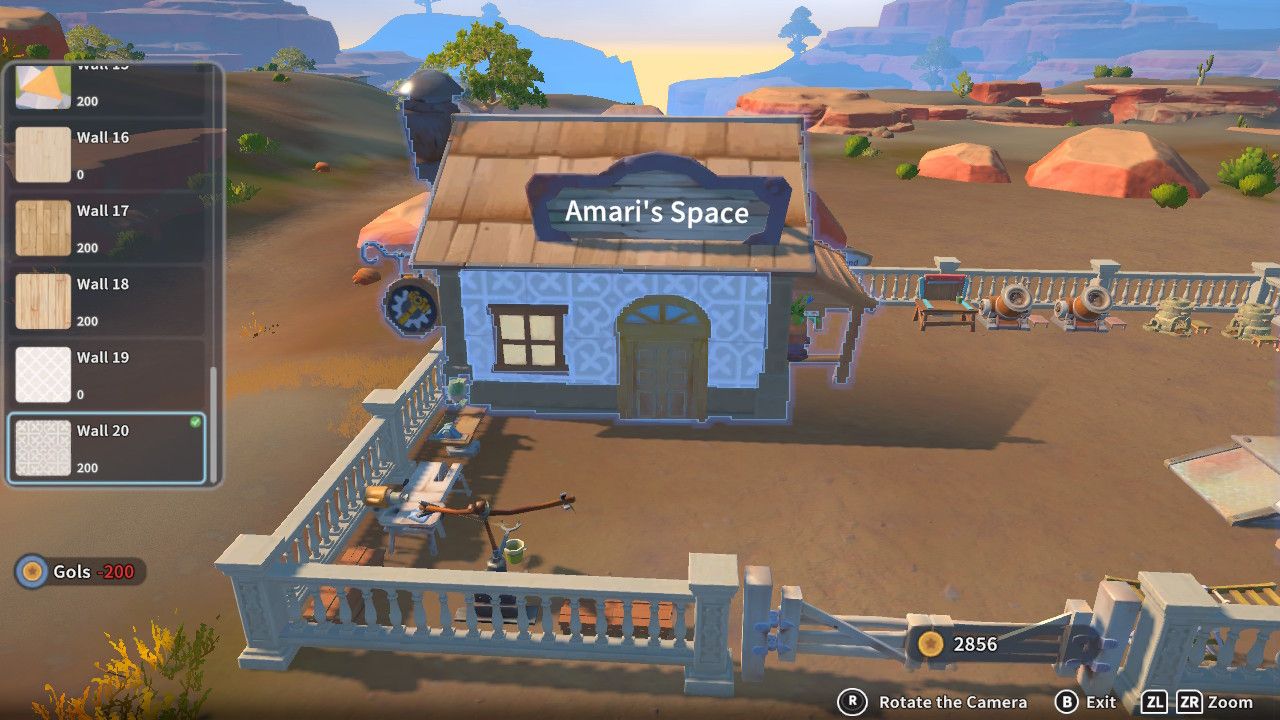 Player character in the building mode within Construction Junction Catalog and changing the wall appearance of their house to a large white pattern in My Time At Sandrock.