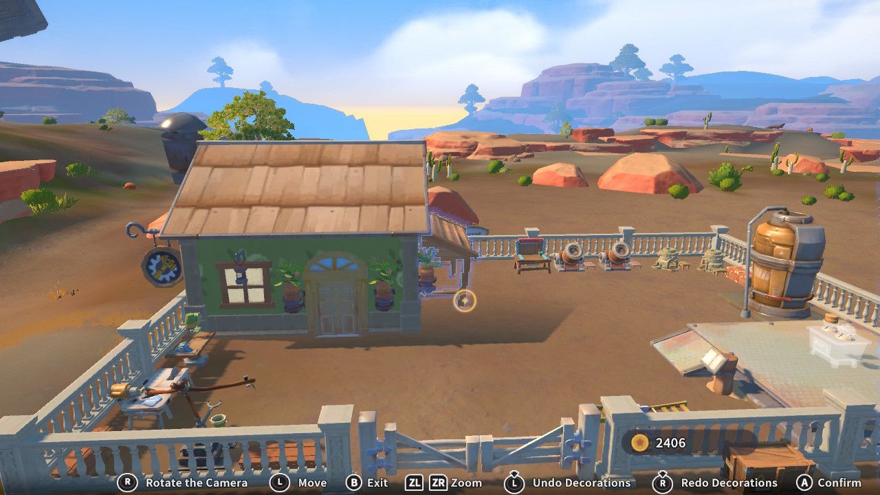Player character in the building mode within Construction Junction Catalog and selecting a placed outside house accessory in My Time At Sandrock.