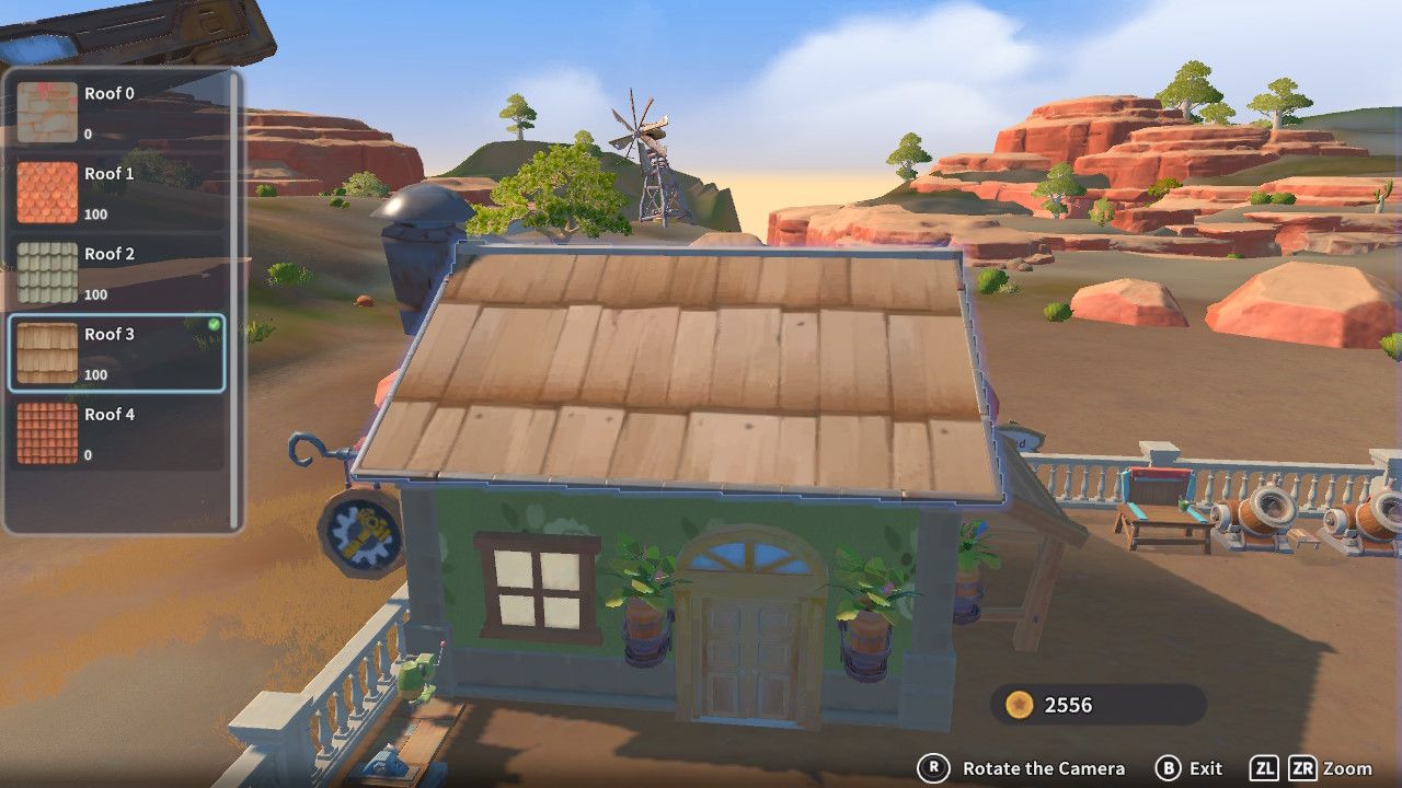 Player character in the Construction Junction build mode and putting a wood panel roof on their green house in My Time Time At Sandrock.